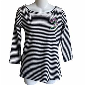 NWT Talbots XS Navy White Striped Top 3/4 Sleeves Floral Applique 100% Cotton